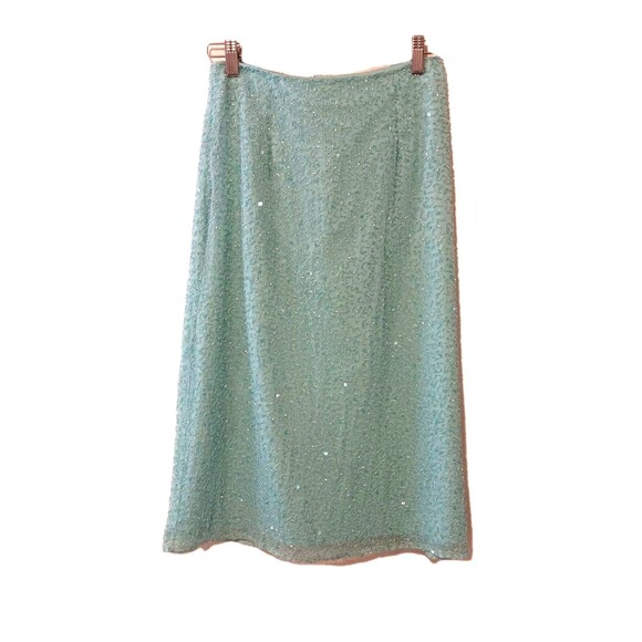 Vintage Lawrence Kazer Teal Aqua Beaded Silk Midi Skirt Sz S 80s 90s Eveningwear - Picture 2 of 16